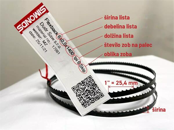 Etiketa na listu za tračno žago Simonds: širina × debelina × dolžina (6 × 0,5 × 1400 mm), število zob na palec in oblika zoba (6 Skip), poleg nje koda QR za ponovno naročilo.